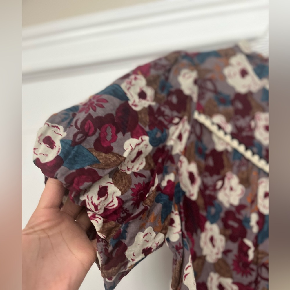 entro Maroon Floral Puff Sleeve Peplum Blouse - Picture 3 of 7